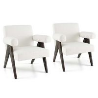 Costway - 2 PCS Upholstered Armchair Modern  Accent Chair with Natural Rubber Wood Legs - White