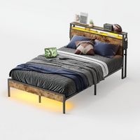 Bestier - Bed Frame Platform Bed with Storage Headboard LED Lights and Charging Station Full - Brown