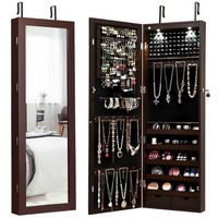Costway - Wall Mount Mirrored Jewelry Cabinet Organizer LED Lights - Brown