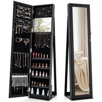 Costway - Mirrored Jewelry Cabinet Armoire Lockable Standing Storage Organizer with Shelf - Black