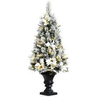 Costway - 4ft Pre-lit Snowy Christmas Entrance Tree w/ White Berries & Flowers - Green/White