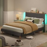 Bestier - Bed Frame Bed with LED Light & Adjustable Storage Headboard for Bedroom Upholstered Pla...