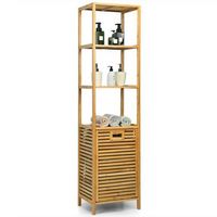Costway - Bathroom Tilt-out Laundry Hamper Bamboo Tower Hamper w/3-Tier Shelves - Natural Color