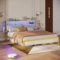 Bestier - King Size Bed Frame with Upholstered Headboard Built-in Storage LED Lighting and Chargi...