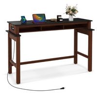 Costway Bar Table with Power Outlets Counter Height Table with Storage Compartments Wooden - Black