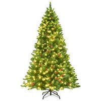 Costway - 6.5Ft Pre-lit Hinged Christmas Tree w/ Pine Cones Red Berries and 450 LED Lights - Green