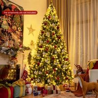 Costway - 9ft Pre-lit Snowy Christmas Tree 2058 Tips with Pine Cones & Red Berries - Green