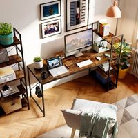 Bestier - Computer Desk with Adjustable Shelves and Reversible Bookshelf - 63" wide - Rustic Brown