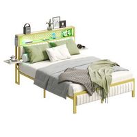 Bestier - Queen Size Bed Frame with Upholstered Headboard Integrated Storage LED Lighting, and Ch...