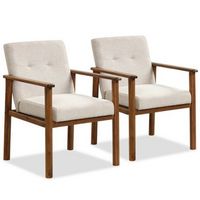 Costway 2 PCS Modern Accent Chair Upholstered Linen Fabric Armchair with Solid Wood Legs - Beige