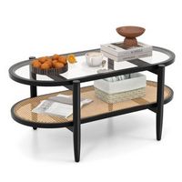 Costway 2-Tier Coffee Table Tempered Glass Top with PE Rattan Shelf & Acacia Wood Frame - Black