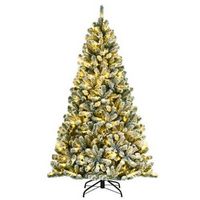 Costway - 6ft Pre-lit Snow Flocked Hinged Christmas Tree w/ 928 Tips & Metal Stand - Green/White