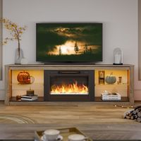 Bestier 70-Inch LED Fireplace TV Stand in White with Tempered Glass Shelves and Open Storage Cabi...