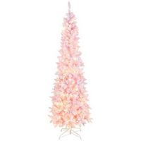 Costway - 7FT Pre-Lit Snow Flocked Hinged Pencil Christmas Tree w/ 300 Lights & 8 Modes - Pink/White