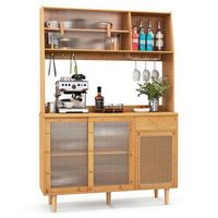 Bamboo Buffet Cabinet Wine Bar Pantry Cupboard Sideboard with Rattan Sliding Door