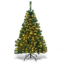 Costway - 4.5Ft PVC Pre-lit Christmas Tree Hinged 200 LED Light Metal - Green