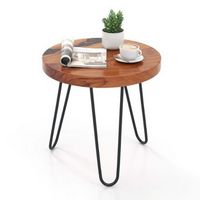 Costway 20&quot; Round Teak Wood End Table Solid Live Edge Outdoor Side Table with Metal Frame - Brown