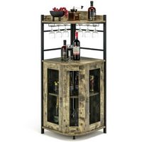 Costway Corner Bar Cabinet Industrial Liquor Wine Cabinet with Glass Holder & Mesh Doors - Taupe