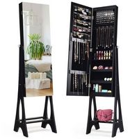 Costway - LED Jewelry Cabinet Organizer Bevel Edge Mirrored Standing - Black