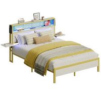 Bestier Queen Bed Frame with Headboard Foldable Shelves LED Lighting Charging Station Non-Slip Me...