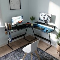 Bestier L-Shaped Reversible Gaming Desk with Large Monitor Shelf, Cup Holder, and Headset Hook - ...