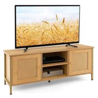 Costway - Boho TV Stand for TV up to 55'' w/ Faux Rattan Door Side Cabinet & Open Shelf - Natural
