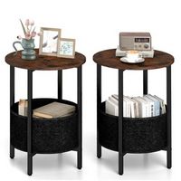 Costway 2 PCS Round End Table with Felt Storage Basket Sturdy Metal Frame for Bedroom - Rustic Br...