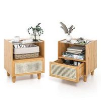 2PCS Bamboo Rattan Nightstand Boho Bedside End Table with  Drawer Wood Legs