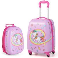 Costway - 2PC Kids Carry On Luggage Set 12" Backpack and 16" Rolling Suitcase for Travel - Pink
