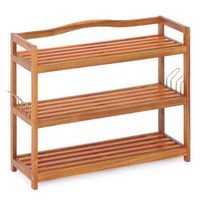 Costway - 3-Tier  Wood Shoe Rack Solid Acacia Wood Shoe Shelf with Side Metal Hooks - Reddish Brown