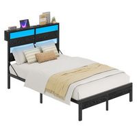 Bestier - Full-Size Platform Bed Frame with Storage Headboard, LED Lights, USB Charging Station -...