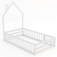 Costway Twin Size Montessori Floor Bed for Toddler with Lockable Door Full-Length Guardrail - White