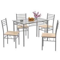 Costway 5 Piece Dining Set Table and 4 Chairs Glass Top Kitchen Breakfast Furniture Brown - Brown...