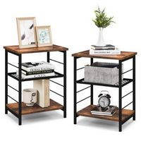 Costway 2 PCS 3-Tier Side End Table with Adjustable Mesh Shelf Narrow Nightstand - Rustic Brown