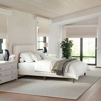 Martha Stewart - Britta Faux Linen Upholstered Full Size Platform Bed with Piped Headboard in Bei...