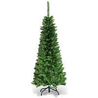 Costway - 4.5ft Pre-Lit Hinged Pencil Christmas Tree 150 White Lights - Green