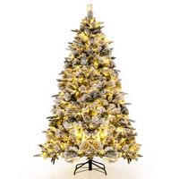 Costway - 7 FT Pre-Lit Flocked Christmas Tree Hinged Xmas Decoration with 300 LED Lights - Green/...