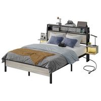 Bestier Queen Gaming Bed Frame Golden Stripe Headboard LED Nightstands with Charging Station - Gray