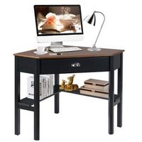 Costway - Triangle Computer Desk Corner Office Desk Laptop Table with Drawer Shelves - Rustic Cof...