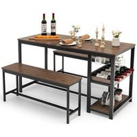 Costway 3 PCS Dining Table Set for 4 Kitchen Dining Room Table &amp; 2 Benches W/ Rack - Coffee, Black