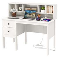 Computer Desk 48" Writing Table w/ Power Outlets 5-Cubby Hutch 2 Storage Drawers White