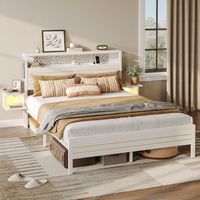 Bestier Queen Gaming Bed Frame Golden Stripe Headboard LED Nightstands with Charging Station - White