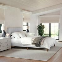 Martha Stewart - Britta Faux Linen Upholstered Queen Size Platform Bed with Piped Headboard in Gr...