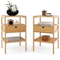 Bamboo Nightstands Set of 2 with  Pull-out Drawer and Storage Shelf  Wood