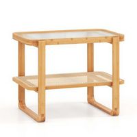 Costway 1 PC Bamboo Side Table with Rattan Shelf Glass Top Nightstand Small Sofa End Table - Natural