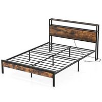 Costway Queen Bed Frame with Storage Headboard Charging Station 18W USB C Port Rustic - Brown
