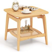 Costway 1 PCS Bamboo Sofa Side Table with Faux Rattan Storage Shelf Boho End Table Living Room - ...