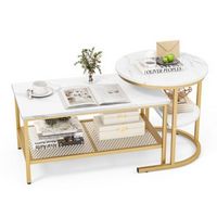 Costway Nesting Coffee Table Set of 2 Faux Marble Top Detachable w/ Storage Shelf - Gold and White