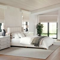 Martha Stewart - Kay Faux Linen Queen Size Platform Bed with Channel Stitched Headboard in Beige ...