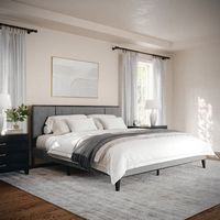 Martha Stewart - Jett Wooden King Size Platform Bed with Upholstered Inset Headboard-Gray Brown/G...